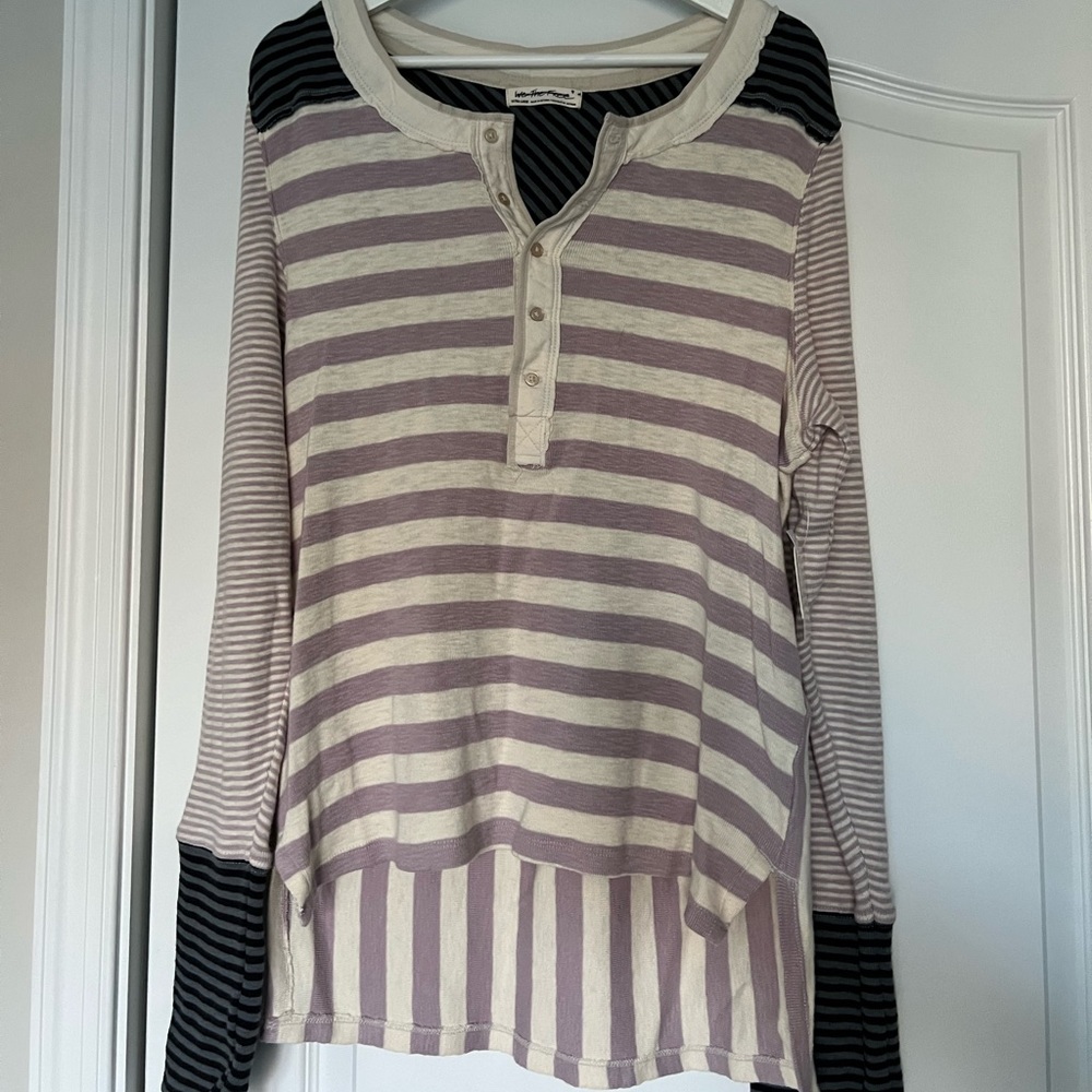 Free People “ Give me Stripes” Henley, purple/beige/black/grey